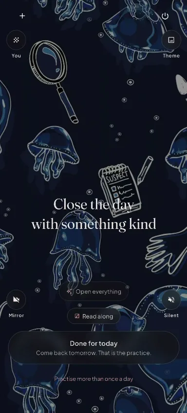 Out Loud home screen with the message Done for today, come back tomorrow