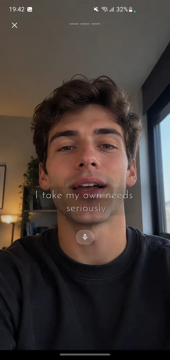 Out Loud mirror mode showing a man saying the affirmation I take my own needs seriously